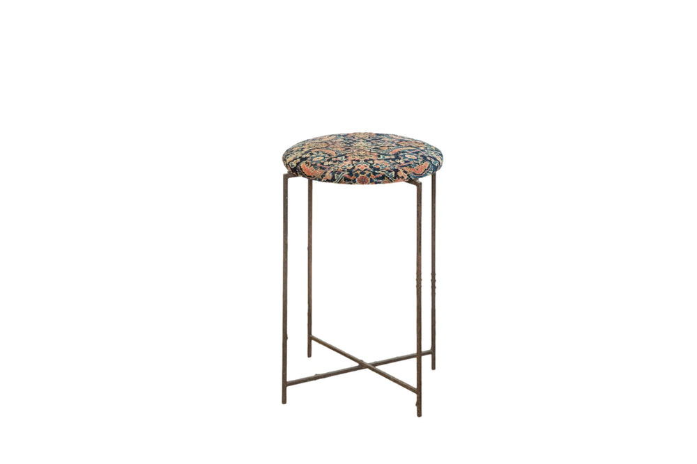 Reclaimed Antique Rug Fragment Side Table Stand with navy Persian rug top and vintage folding metal base