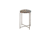 Reclaimed Antique Rug Fragment Side Table Stand with navy Persian rug top and vintage folding metal base