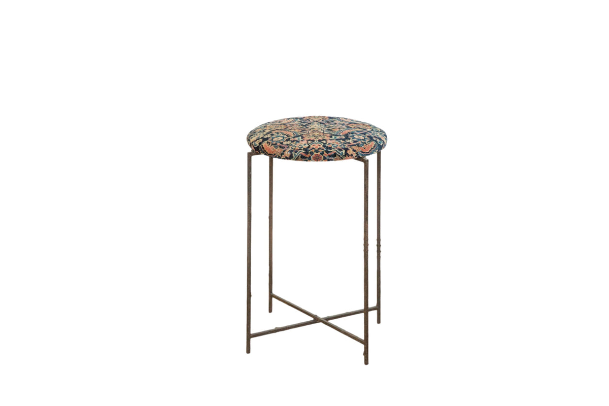 Reclaimed Antique Rug Fragment Side Table Stand with navy Persian rug top and vintage folding metal base