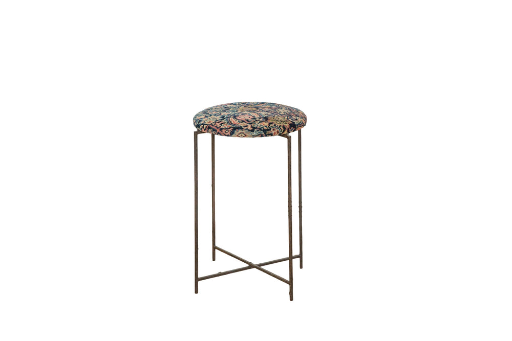 Reclaimed Antique Rug Fragment Side Table Stand 3 of 7 with navy Persian rug top on folding metal base