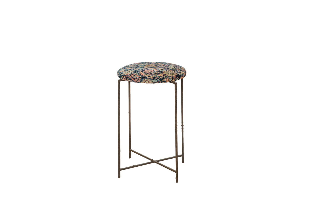 Reclaimed Antique Rug Fragment Side Table Stand 3 of 7 with navy Persian rug top on folding metal base