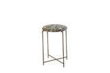Reclaimed Antique Rug Fragment Side Table Stand with navy and ivory Persian rug top and vintage folding metal base