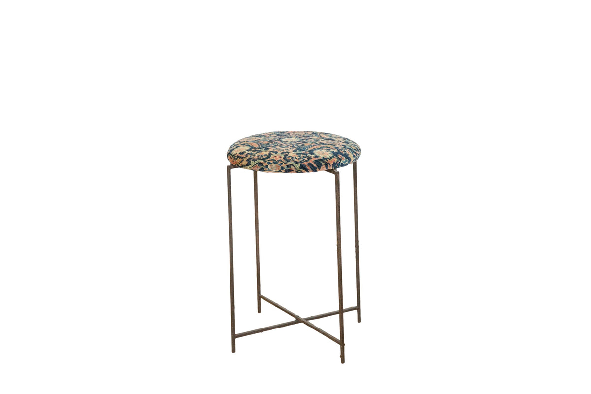 Reclaimed Antique Rug Fragment Side Table Stand with navy and ivory Persian rug top and vintage folding metal base