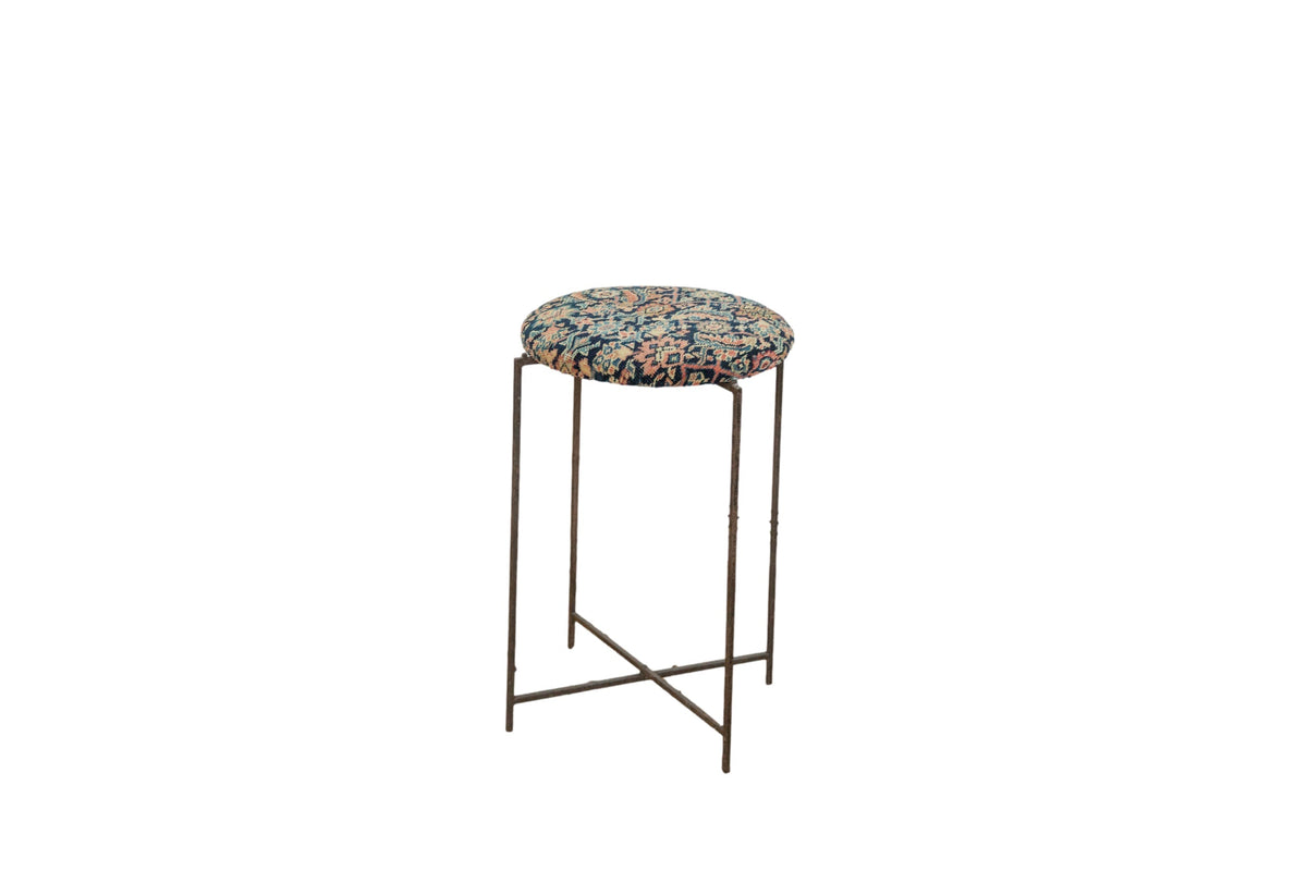 Reclaimed Antique Rug Fragment Side Table Stand 6 of 7 with navy and multicolor antique rug top on folding metal base
