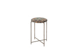 Reclaimed Antique Rug Fragment Side Table Stand made with a vintage Persian rug fragment atop a folding metal base