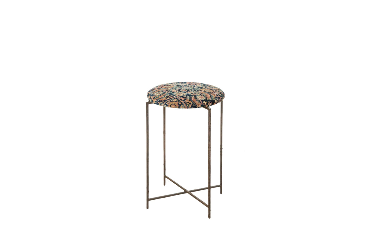 Reclaimed Antique Rug Fragment Side Table Stand made with a vintage Persian rug fragment atop a folding metal base