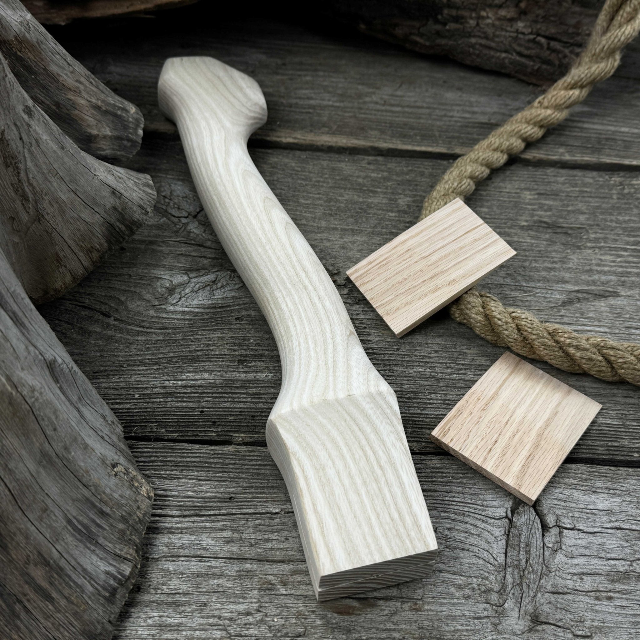 Ash wood axe handle with two red oak wedges, 33 cm length