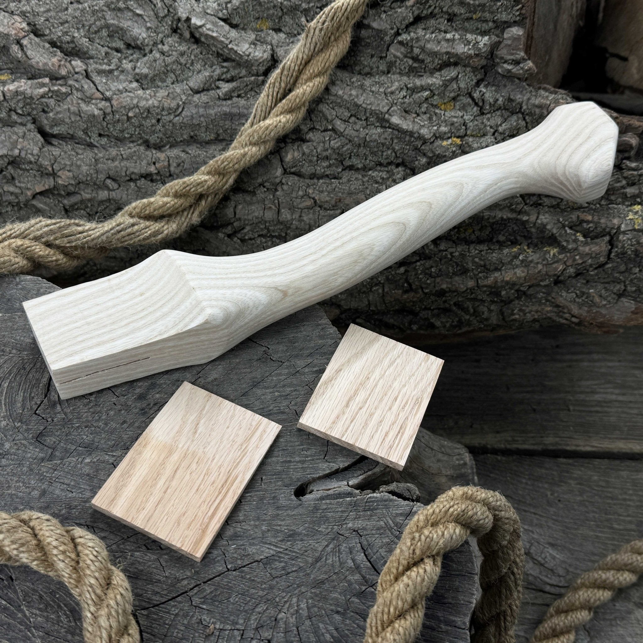Ash wood axe handle with two red oak wedges, 33 cm length