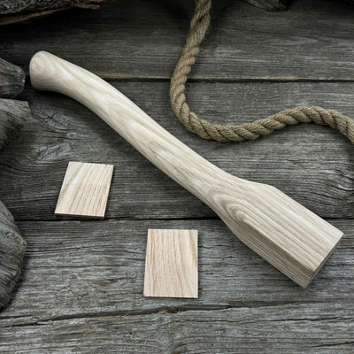 Ash wood axe handle with two red oak wedges, 41.5 cm long