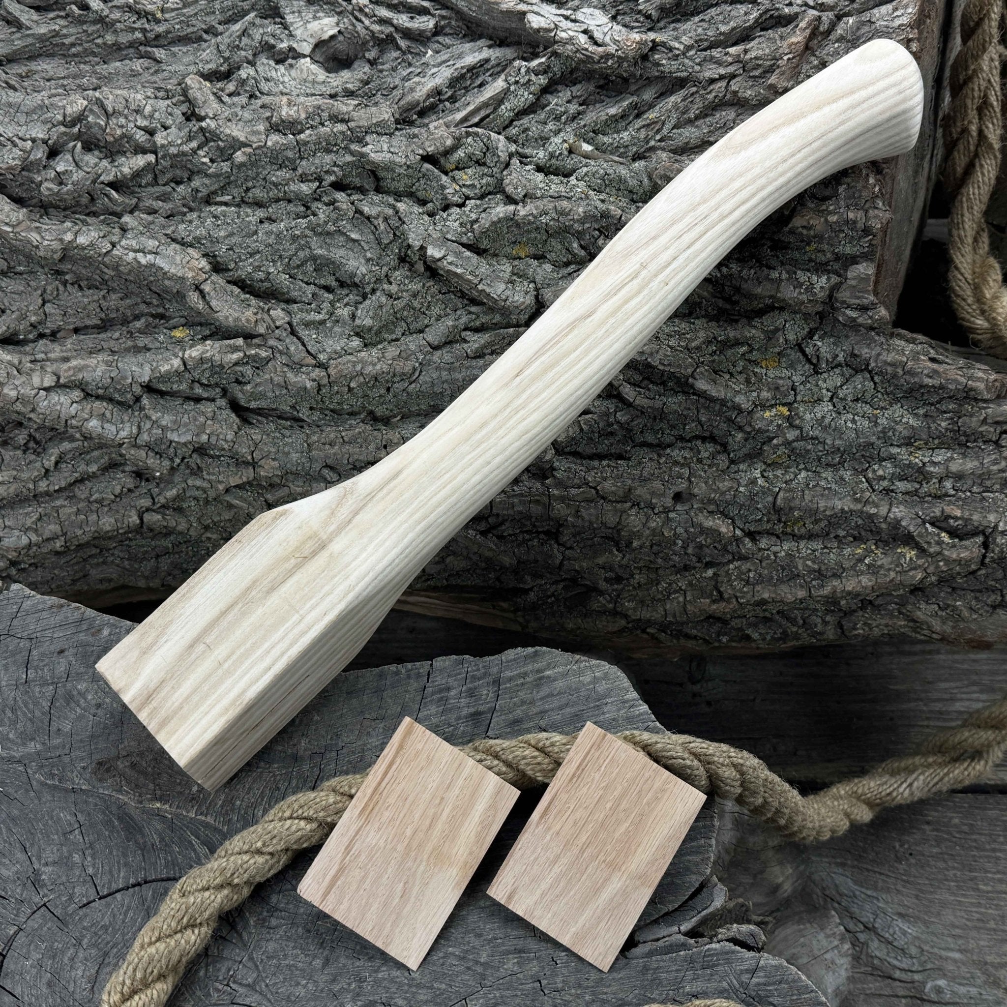 Ash wood axe handle with two red oak wedges, 41.5 cm long