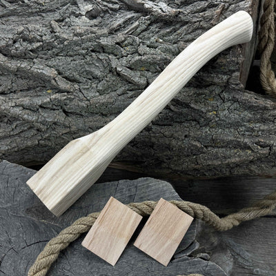 Ash wood axe handle with two red oak wedges, 41.5 cm long