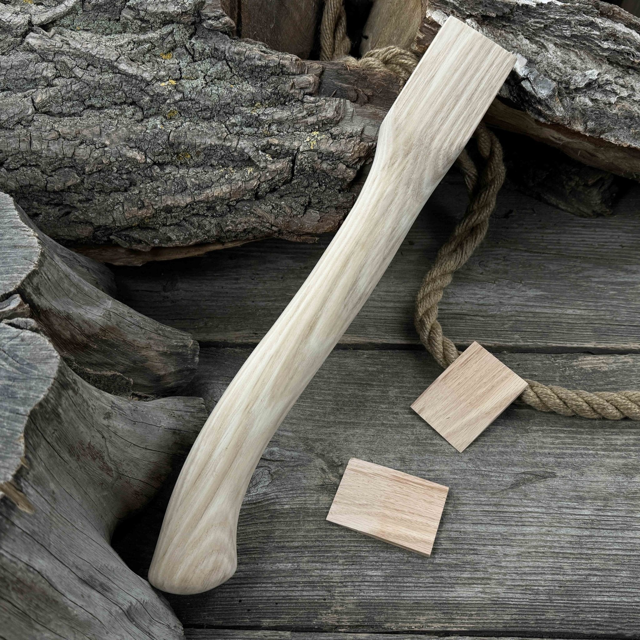 Ash wood axe handle with two red oak wedges, 41.5 cm long