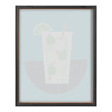 Framed minimalist art print of a mojito cocktail with light green lime wedge and ice cubes on a pale blue background.