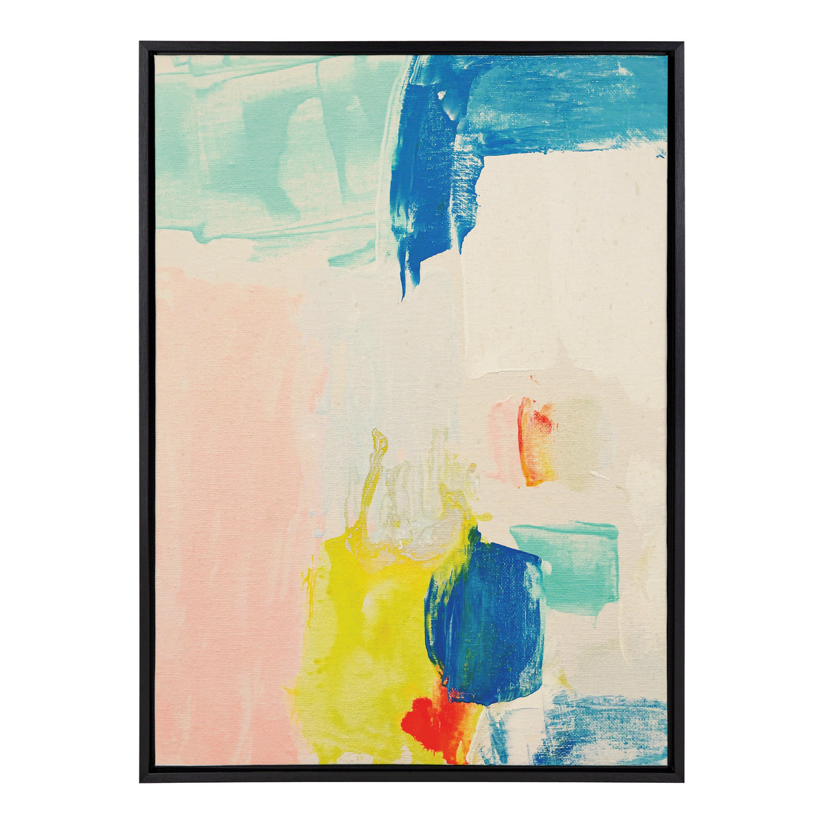 Abstract painting with pastel pink, bright yellow, and turquoise areas accented by deep blue and orange brushstrokes in a black frame.