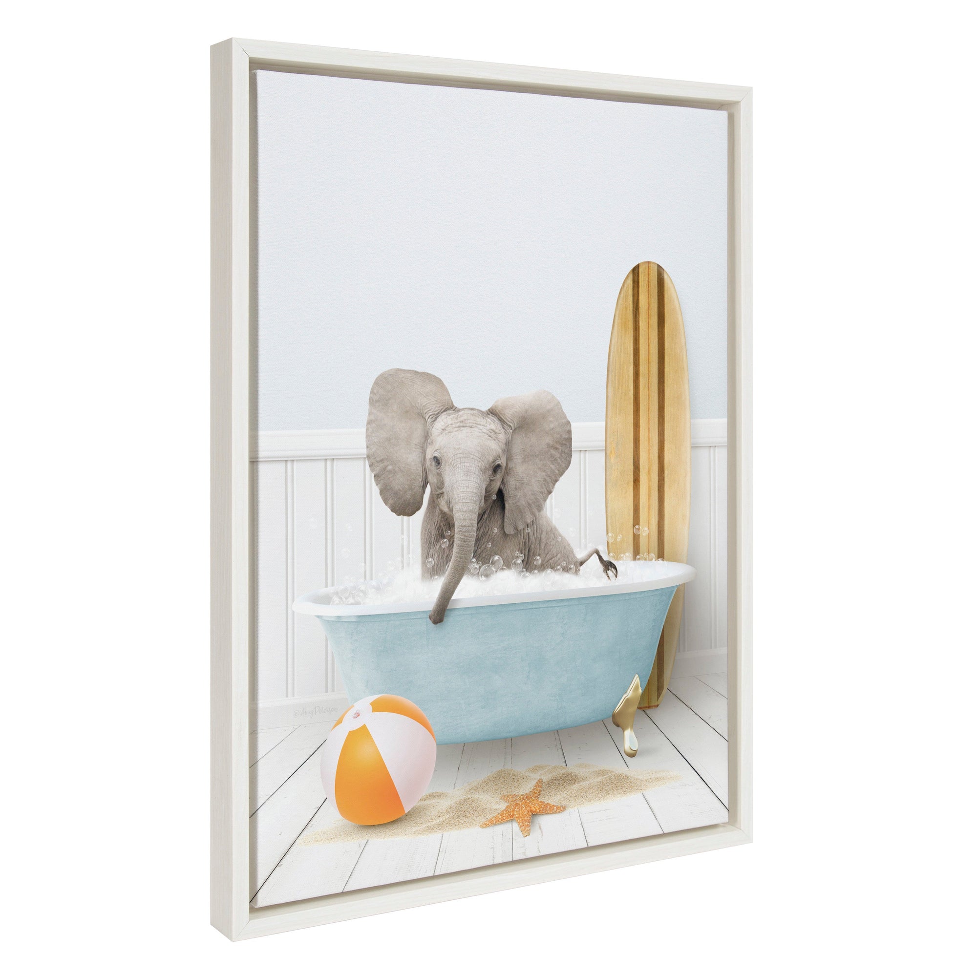 Framed canvas art titled 'Sylvie Baby Elephant Beach House Bath with Surfboard' showing a baby elephant beside a surfboard in a beach house setting.
