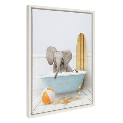 Framed canvas art titled 'Sylvie Baby Elephant Beach House Bath with Surfboard' showing a baby elephant beside a surfboard in a beach house setting.