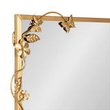 Top-left corner of a rectangular gold metal mirror frame adorned with detailed floral and butterfly decorations, featuring smooth leaves and curved stems.