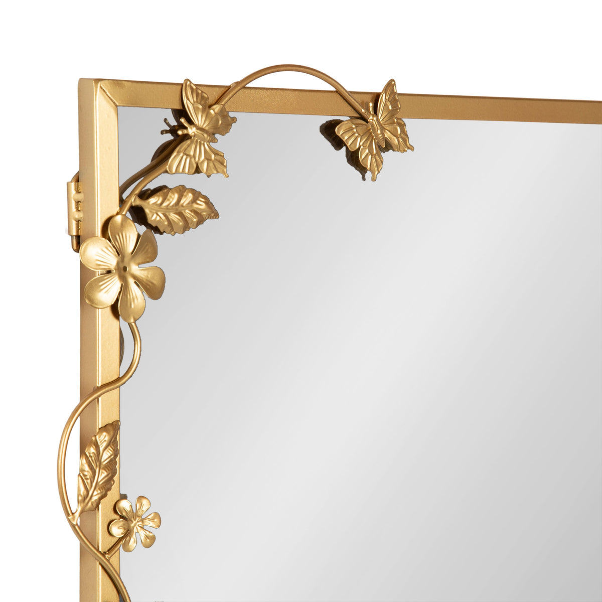 Top-left corner of a rectangular gold metal mirror frame adorned with detailed floral and butterfly decorations, featuring smooth leaves and curved stems.