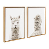 Two framed canvas prints showing a white alpaca: one facing forward with a calm expression, the other showing the back of its head and neck, both on white backgrounds.