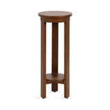 Tall, round wood side table with a simple, smooth top and three straight legs connected by a circular lower shelf, finished in a warm brown tone.