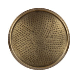Round metal tray with a hammered texture and a subtle bronze finish, featuring a smooth raised rim around the edge.