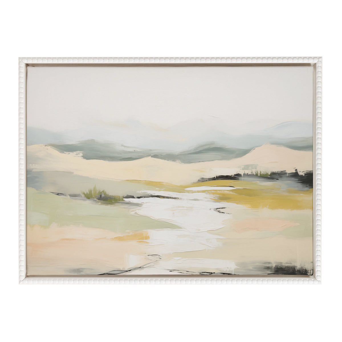 Abstract landscape painting with soft beige, green, blue, and black brushstrokes suggesting rolling hills and a reflective waterway, framed in white with beaded edging.