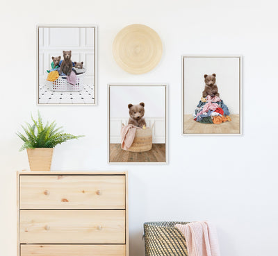 Sylvie Beaded Bear On Laundry Pile Scandi Style Framed Canvas by Amy Peterson