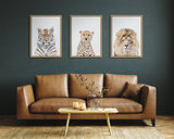 Three framed wildlife portraits of a tiger, a cheetah, and a lion with neutral backgrounds hanging above a brown leather sofa against a dark green wall.
