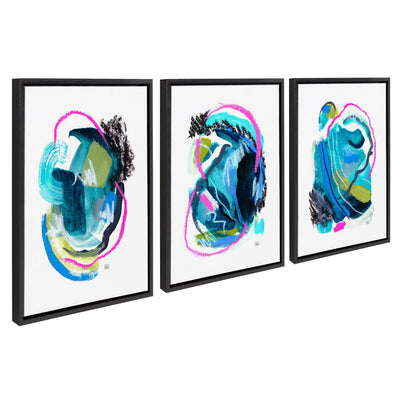 Sylvie Feelings No 1, 2 and 3 framed canvas art set by Erika Wynn displayed on a wooden floor