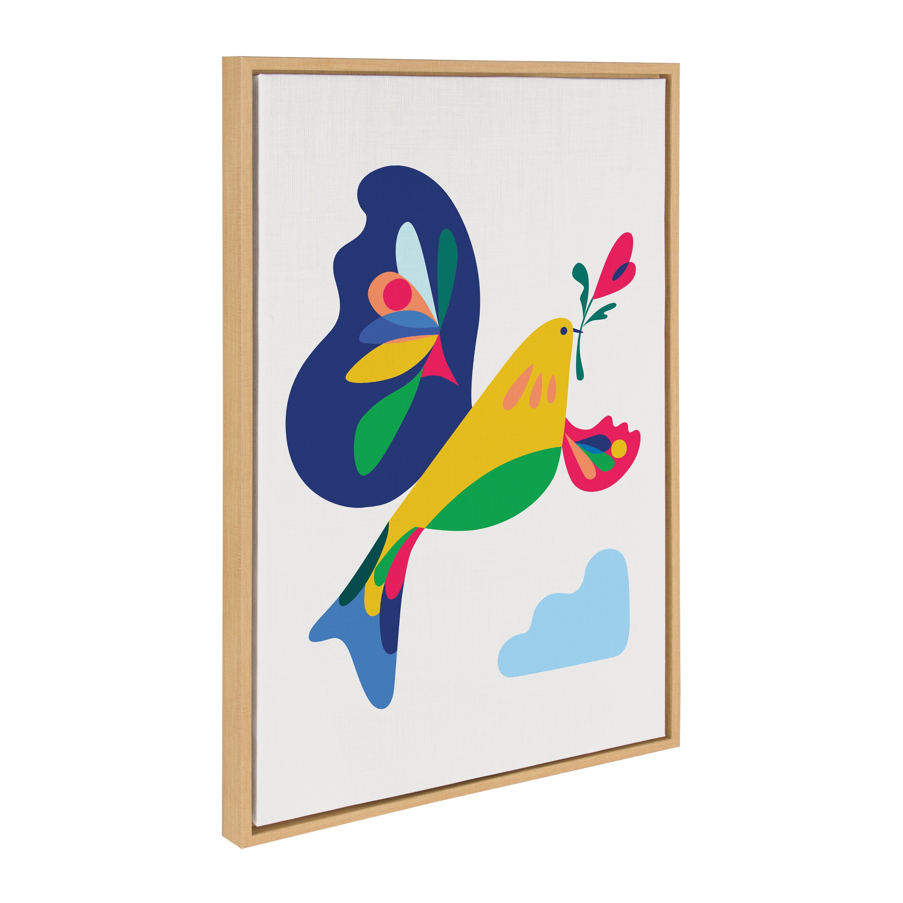 Sylvie Peace Dove framed canvas art showing a bold dove image in a natural-colored floating frame.