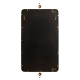 Rectangular mirror back with black panel, rounded corners, and multiple brass mounting brackets and hardware pieces including a hanging hook and adjustable screws