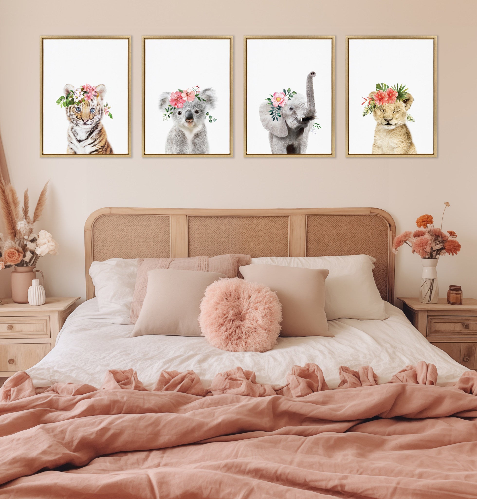 Sylvie Flower Crown Lion Cub Framed Canvas by Amy Peterson Art Studio