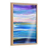 Framed vertical print of abstract horizontal waves in blue, purple, white, and orange tones with a natural wood frame and glass reflection.