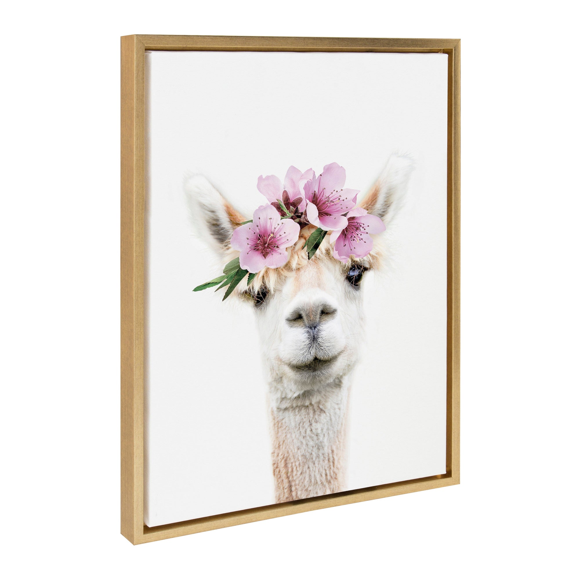 Sylvie Flower Crown Alpaca framed canvas art showing an alpaca with a flower crown in a nursery setting