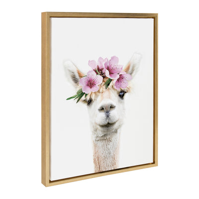 Sylvie Flower Crown Alpaca framed canvas art showing an alpaca with a flower crown in a nursery setting
