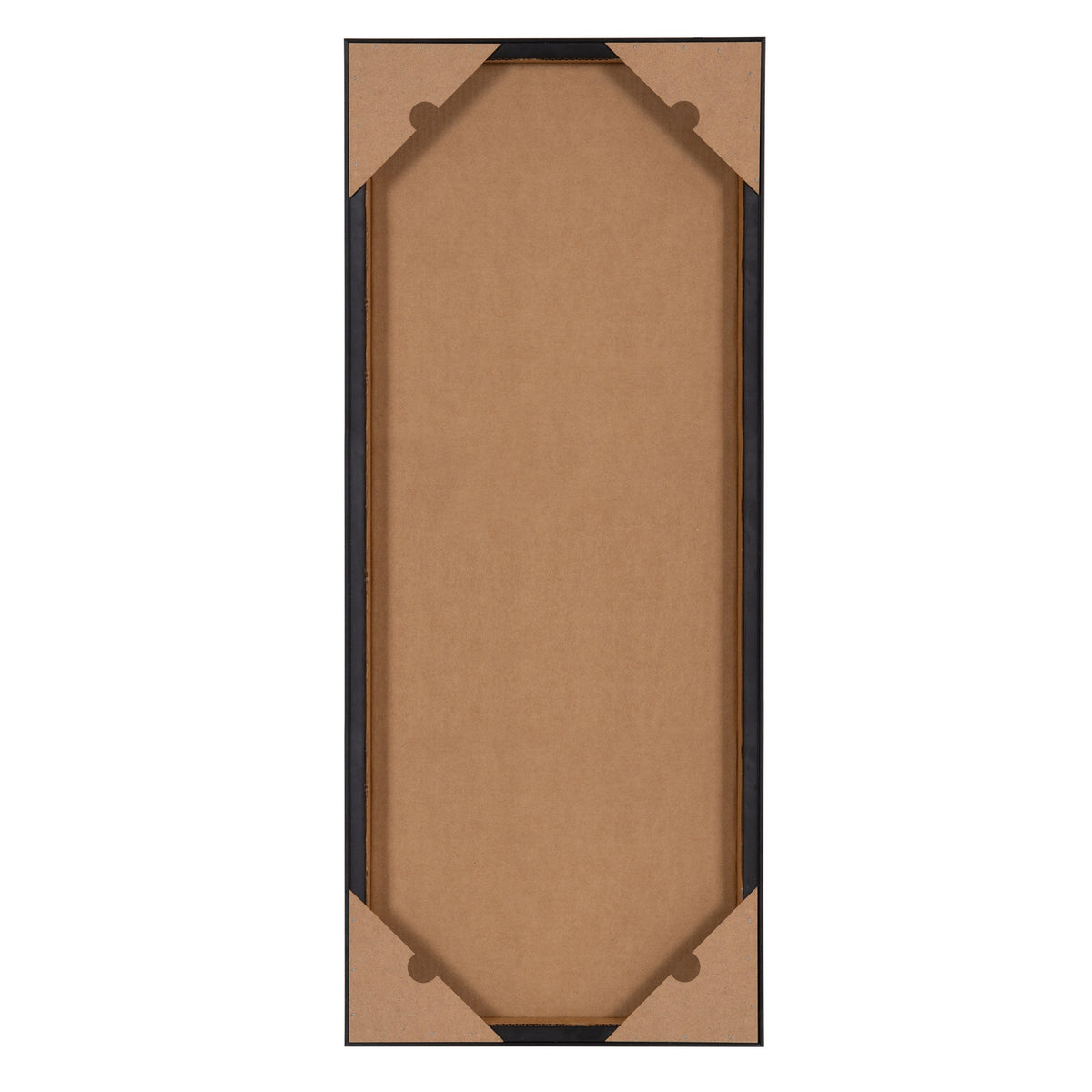 Back view of a rectangular canvas frame with brown paper corners and a black wooden border, showing the wrapped canvas secured neatly from behind.