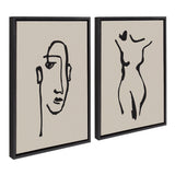 Two framed minimalist line art pieces on beige background, one featuring a stylized human face and the other a simplified human torso, both in bold black strokes.