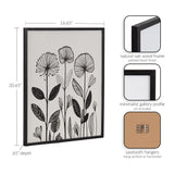 Black and white linocut botanical print with stylized flowers and leaves, framed in a slim black oak wood frame with minimalist gallery profile.