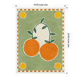 Abstract painting of two large orange circles with green leaves on a muted green background, framed by an orange and white checkerboard border with sun motifs in each corner.