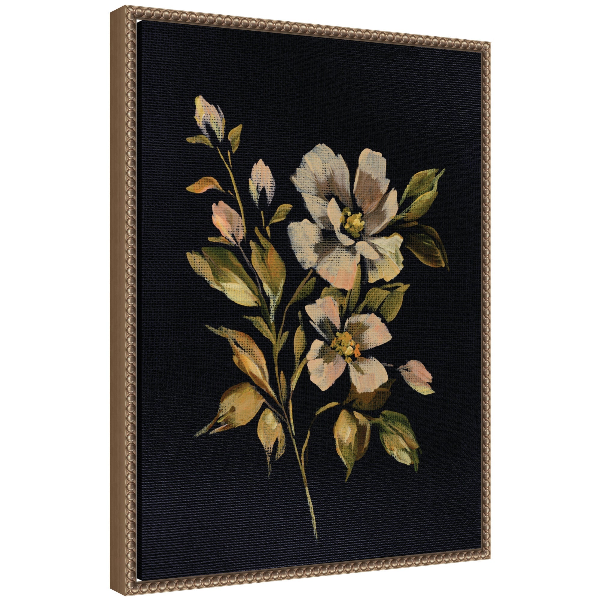 Sylvie Moody Floral 7 framed canvas art showing a floral arrangement printed on gallery-wrapped canvas with vintage beaded frame