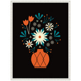 Stylized bouquet of cream, orange, and teal flowers arranged in a red-orange vase with geometric diamond patterns, set against a black background in a white decorative frame.