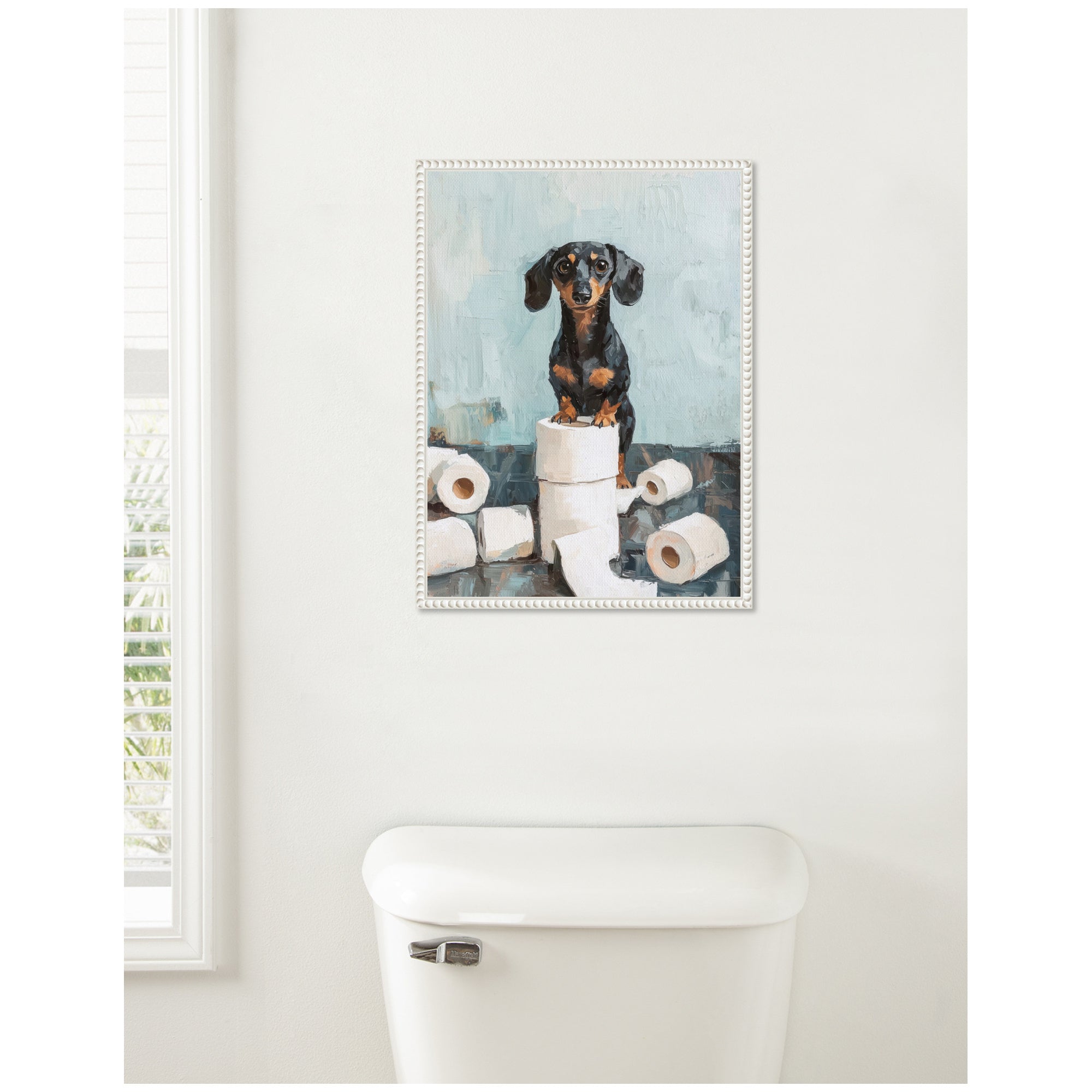 Sylvie Cute Dachshund Dog Toilet Paper Rolls Blue Teal Bathroom Art Framed Canvas
