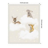 Framed canvas art featuring a deer, rabbit, and fox nestled in fluffy white clouds against a beige background dotted with small yellow stars.