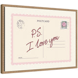 Framed canvas wall art print titled PS I Love You Postcard by Lucky Guava showing whimsical postcard design framed in Sylvie Beaded rustic natural frame
