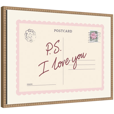 Framed canvas wall art print titled PS I Love You Postcard by Lucky Guava showing whimsical postcard design framed in Sylvie Beaded rustic natural frame