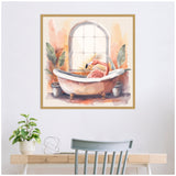 Watercolor painting of a pink flamingo sitting in a vintage clawfoot bathtub under an arched window, surrounded by potted tropical plants in pastel tones.