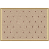 Rectangular pinboard with beige fabric background featuring a repeating pattern of small red botanical block prints, framed in light wood.