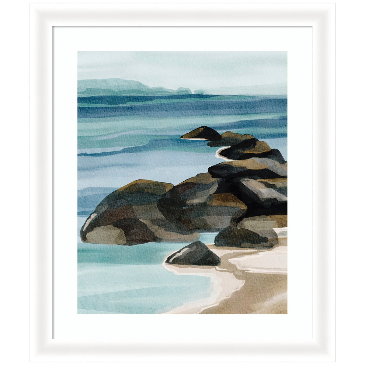 Watercolor painting of a rocky shoreline with large dark gray rocks extending into calm blue-green ocean waters under a light blue sky.