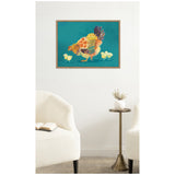 Framed canvas art depicting a colorful mother hen with patterned feathers and three yellow chicks on a teal background, hanging on a white wall between two cream armchairs.