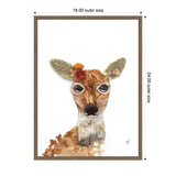 Framed artwork of a deer composed from dried flowers and leaves with large black eyes and floral accents on large ears, on a white background.
